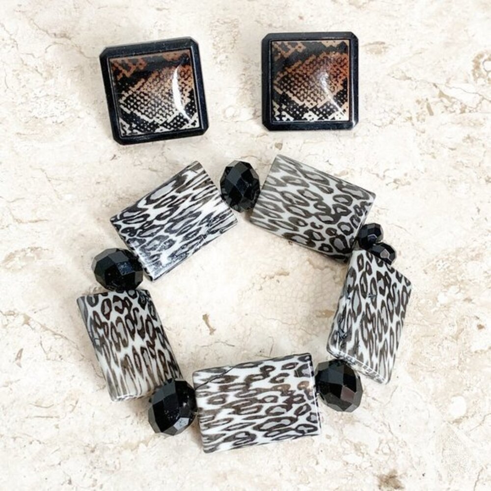⭐️Animal Print Leopard Cheetah Stud Earrings Stretch Bracelet Set Pierced Stud